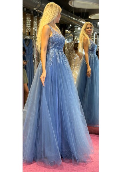 Indigo Kalın Askı Kloş Etekli Tül Uzun Abiye Elbise 6871 modelleri