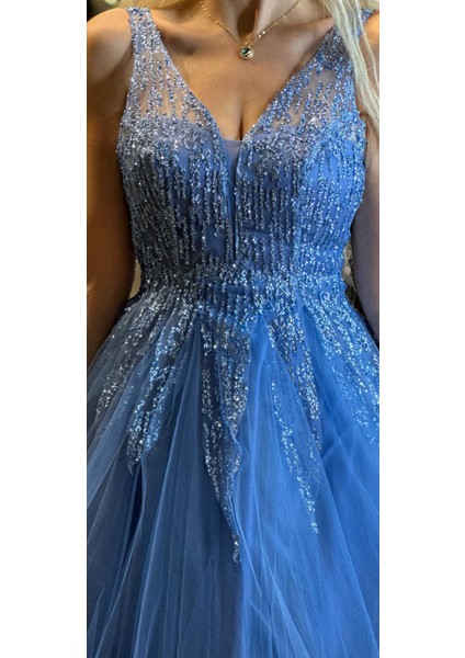 Indigo Kalın Askı Kloş Etekli Tül Uzun Abiye Elbise 6871 fırsatları