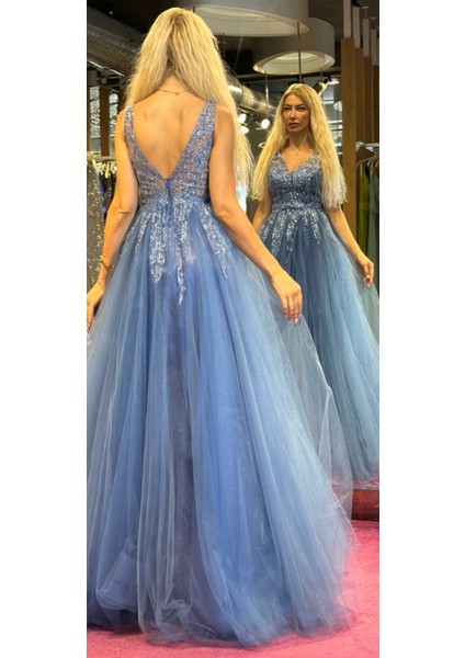 Indigo Kalın Askı Kloş Etekli Tül Uzun Abiye Elbise 6871 indirimleri