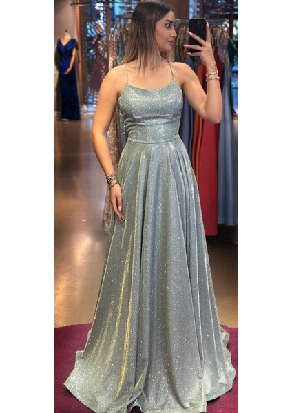 Mint Ip Askılı Sırt Dekolteli Kloş Etekli Simli Uzun Abiye Elbise 7601