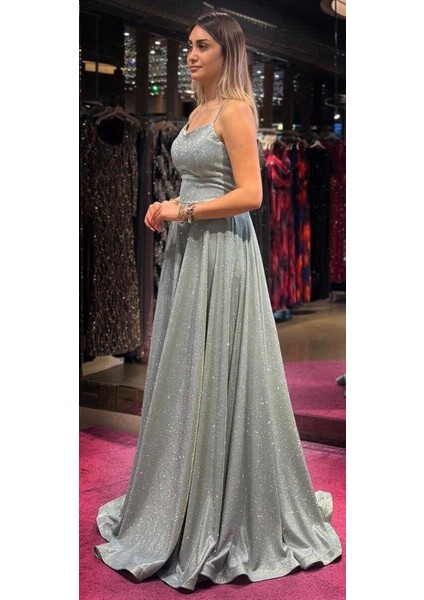 Mint Ip Askılı Sırt Dekolteli Kloş Etekli Simli Uzun Abiye Elbise 7601 modelleri