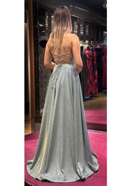 Mint Ip Askılı Sırt Dekolteli Kloş Etekli Simli Uzun Abiye Elbise 7601 indirimleri