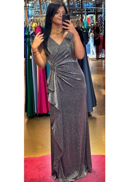 Siyah Gümüş Kalın Askı Boncuk Işlemeli Yırtmaçlı Düz Kesim Simli Uzun Abiye Elbise 7599