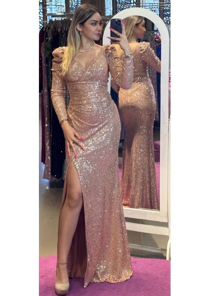 Bakır Uzun Kollu Yırtmaçlı Düz Kesim Payet Uzun Abiye Elbise 7321