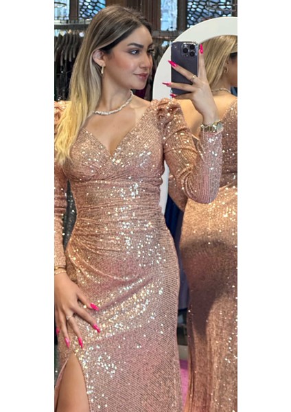 Bakır Uzun Kollu Yırtmaçlı Düz Kesim Payet Uzun Abiye Elbise 7321 fiyatları