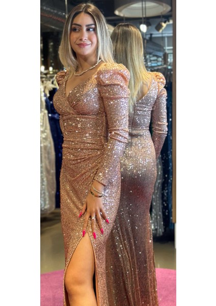 Bakır Uzun Kollu Yırtmaçlı Düz Kesim Payet Uzun Abiye Elbise 7321 modelleri