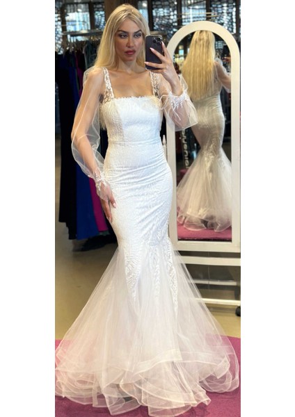 Beyaz Uzun Kollu Balık Etekli Simli Uzun Abiye Elbise 7372