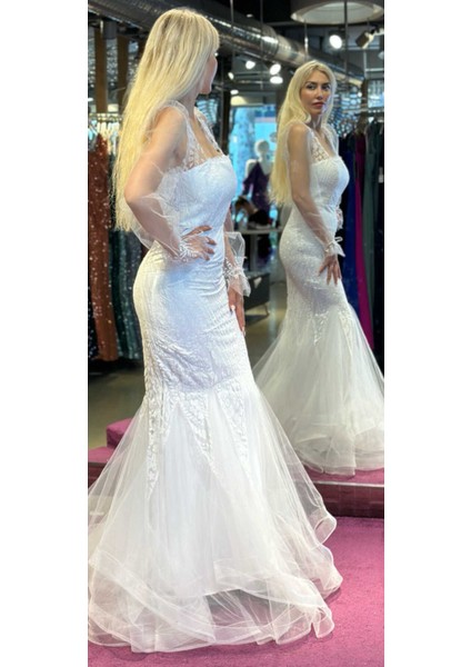 Beyaz Uzun Kollu Balık Etekli Simli Uzun Abiye Elbise 7372 modelleri