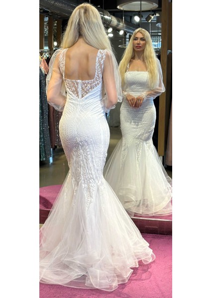 Beyaz Uzun Kollu Balık Etekli Simli Uzun Abiye Elbise 7372 indirimleri