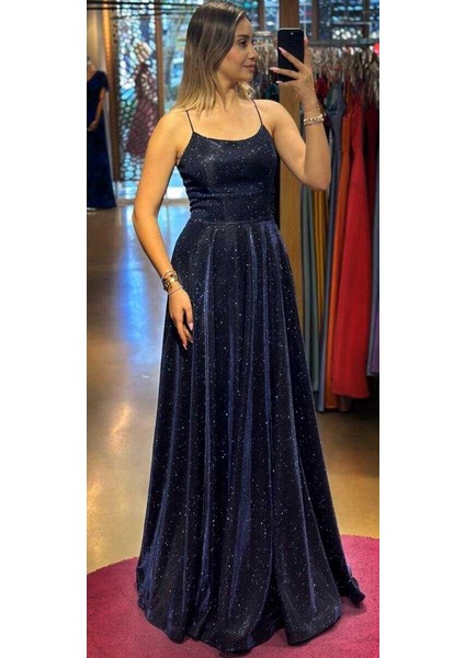 Lacivert Ip Askılı Sırt Dekolteli Kloş Etekli Simli Uzun Abiye Elbise 7601