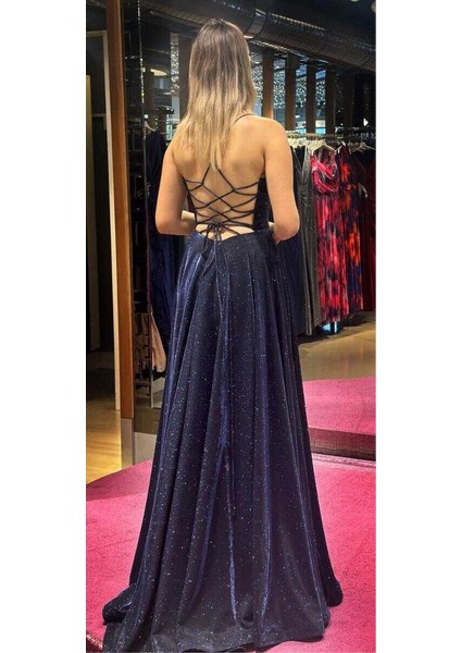 Lacivert Ip Askılı Sırt Dekolteli Kloş Etekli Simli Uzun Abiye Elbise 7601 indirimleri