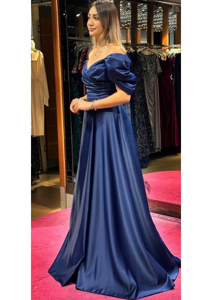 Lacivert Düşük Kollu Anvelop Yırtmaçlı Kloş Etekli Saten Uzun Abiye Elbise 7568 modelleri