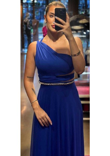 Saks Tek Omuzlu Zincir Detaylı Sırt Dekolteli Kloş Etekli Tül Uzun Abiye Elbise 7436 fiyatları