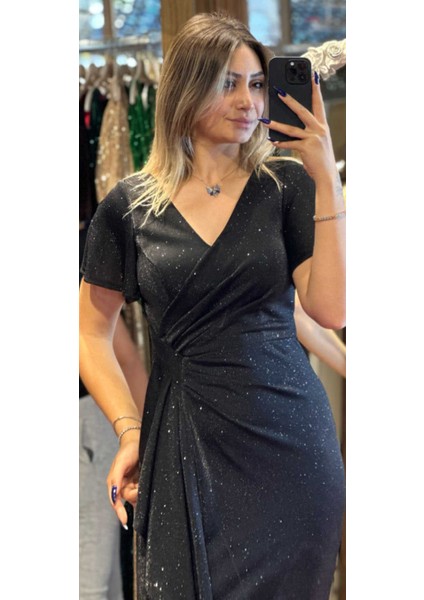 Siyah Kısa Kollu Yırtmaçlı Düz Kesim Simli Uzun Abiye Elbise 7439 fiyatları