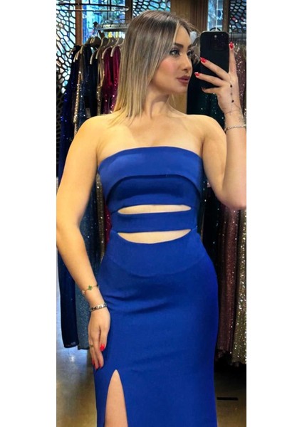 Saks Yırtmaçlı Düz Kesim Krep Uzun Abiye Elbise 7524 fiyatları