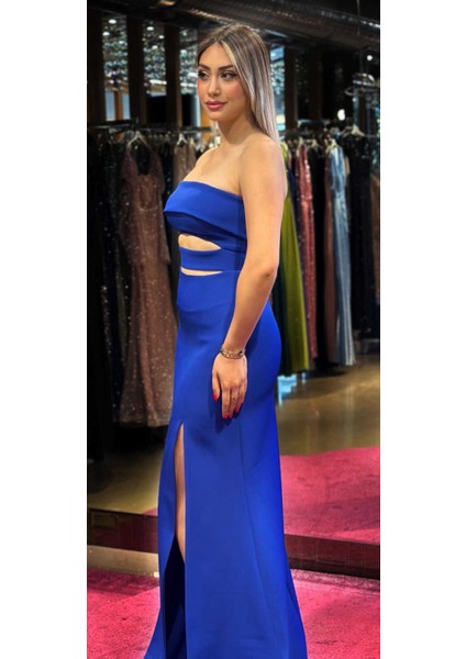 Saks Yırtmaçlı Düz Kesim Krep Uzun Abiye Elbise 7524 modelleri