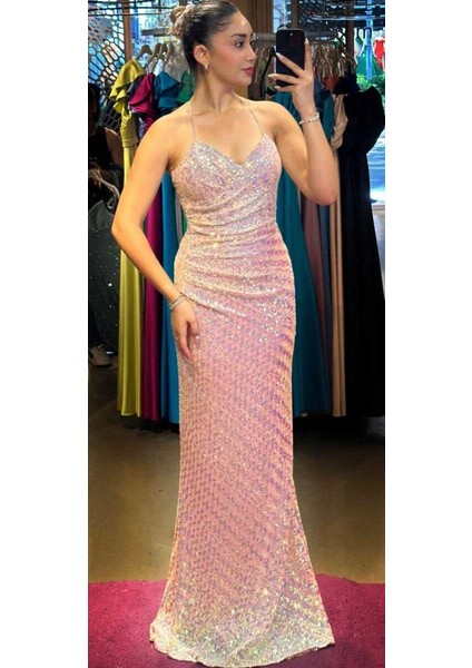 Beyaz İp Askılı Sırt Dekolteli Düz Kesim Desenli Uzun Abiye Elbise 7561