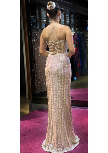 Beyaz İp Askılı Sırt Dekolteli Düz Kesim Desenli Uzun Abiye Elbise 7561 indirimleri