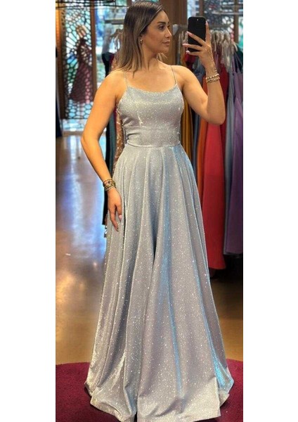 Mavi Ip Askılı Sırt Dekolteli Kloş Etekli Simli Uzun Abiye Elbise 7601