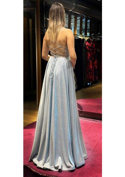 Mavi Ip Askılı Sırt Dekolteli Kloş Etekli Simli Uzun Abiye Elbise 7601 indirimleri