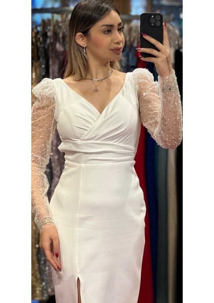 Beyaz Uzun Kollu Yırtmaçlı Düz Kesim Krep Midi Abiye Elbise 7495 fiyatları