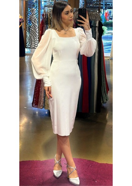 Beyaz Uzun Kollu Düz Kesim Krep Midi Abiye Elbise 7322