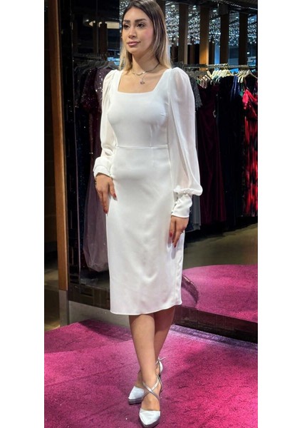 Beyaz Uzun Kollu Düz Kesim Krep Midi Abiye Elbise 7322 modelleri