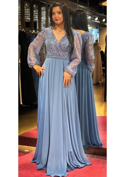 Indigo Uzun Kollu Kloş Etekli Şifon Uzun Abiye Elbise 7500