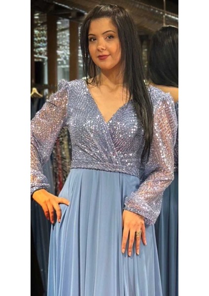 Indigo Uzun Kollu Kloş Etekli Şifon Uzun Abiye Elbise 7500 fiyatları