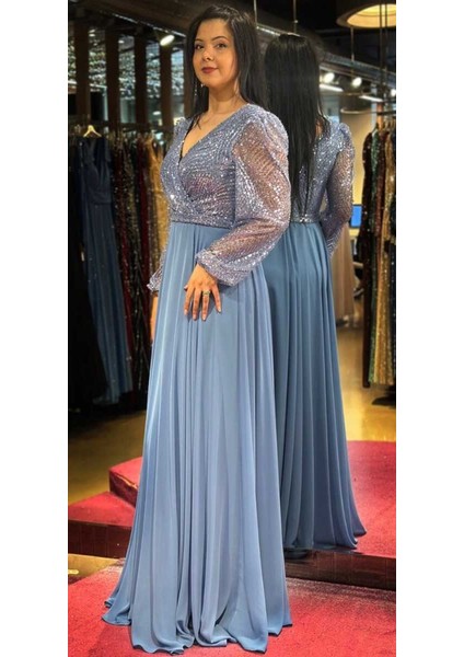 Indigo Uzun Kollu Kloş Etekli Şifon Uzun Abiye Elbise 7500 modelleri