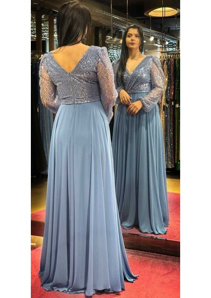 Indigo Uzun Kollu Kloş Etekli Şifon Uzun Abiye Elbise 7500 fırsatları