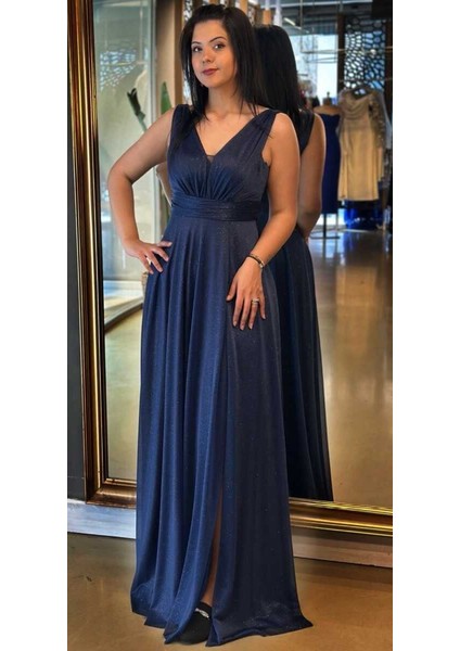 Lacivert Kalın Askı Yırtmaçlı Kloş Etekli Simli Uzun Abiye Elbise 7205