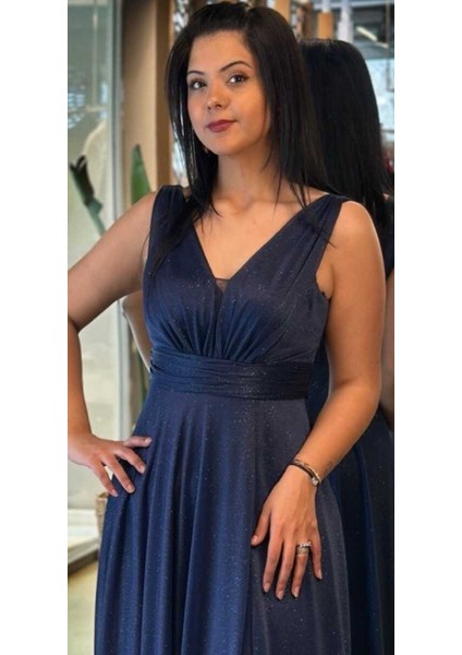 Lacivert Kalın Askı Yırtmaçlı Kloş Etekli Simli Uzun Abiye Elbise 7205 fiyatları