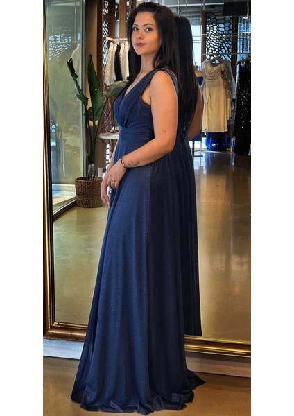 Lacivert Kalın Askı Yırtmaçlı Kloş Etekli Simli Uzun Abiye Elbise 7205 modelleri