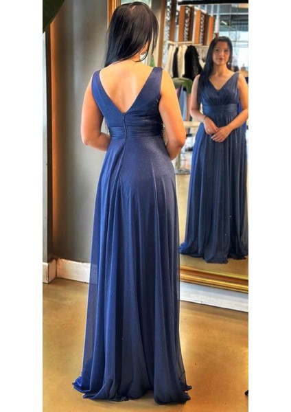 Lacivert Kalın Askı Yırtmaçlı Kloş Etekli Simli Uzun Abiye Elbise 7205 fırsatları