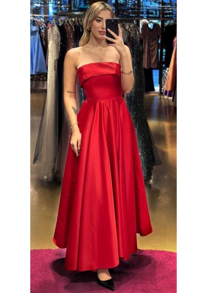 Kırmızı Kloş Etekli Saten Midi Abiye Elbise 7647