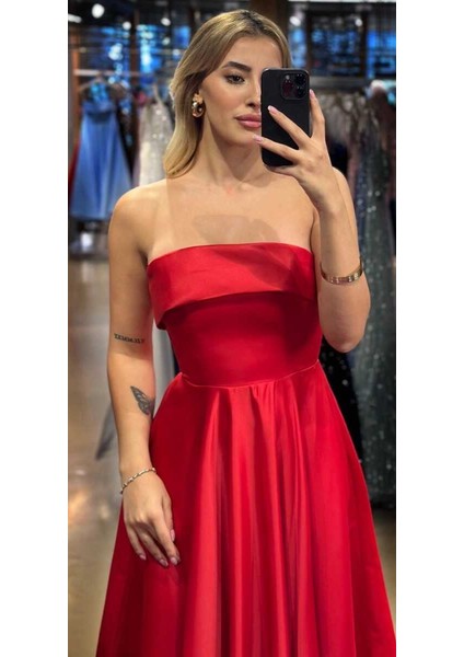 Kırmızı Kloş Etekli Saten Midi Abiye Elbise 7647 fiyatları