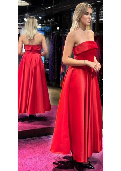 Kırmızı Kloş Etekli Saten Midi Abiye Elbise 7647 modelleri