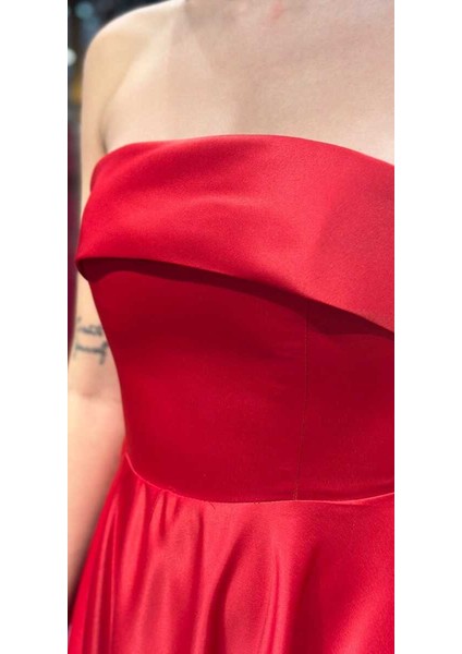 Kırmızı Kloş Etekli Saten Midi Abiye Elbise 7647 fırsatları
