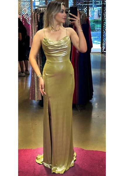 Olive Ip Askılı Yırtmaçlı Düz Kesim Likralı Uzun Abiye Elbise 7429