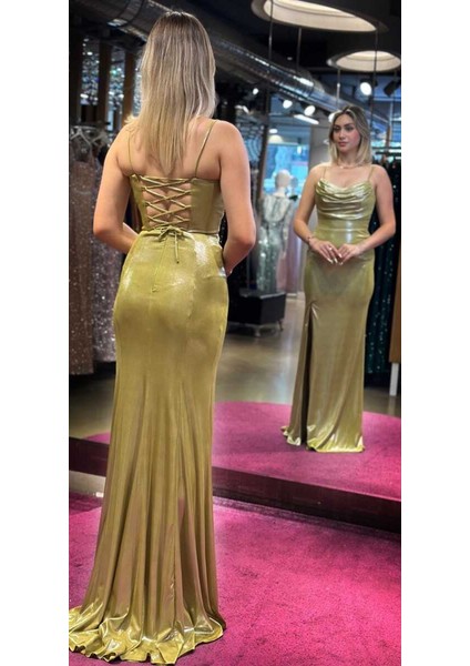 Olive Ip Askılı Yırtmaçlı Düz Kesim Likralı Uzun Abiye Elbise 7429 fırsatları