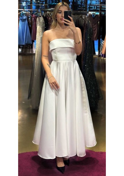 Beyaz Kloş Etekli Saten Midi Abiye Elbise 7647