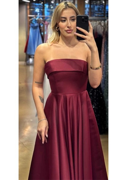 Vişne Renk Straplez Yaka Kloş Etekli Saten Midi Abiye Elbise 7647 fiyatları