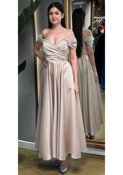 Bej Madonna Yaka Kloş Etekli Saten Midi Abiye Elbise 7672