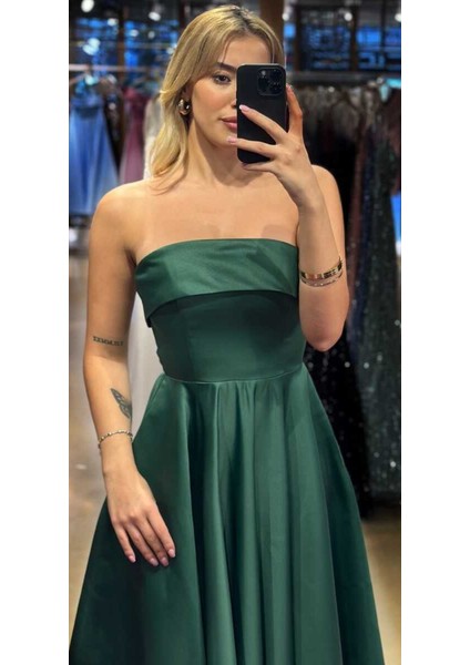 Yeşil Kloş Etekli Saten Midi Abiye Elbise 7647 fiyatları