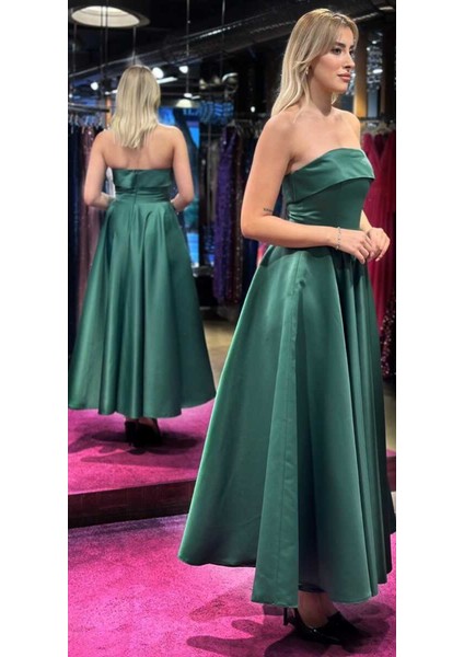 Yeşil Kloş Etekli Saten Midi Abiye Elbise 7647 modelleri