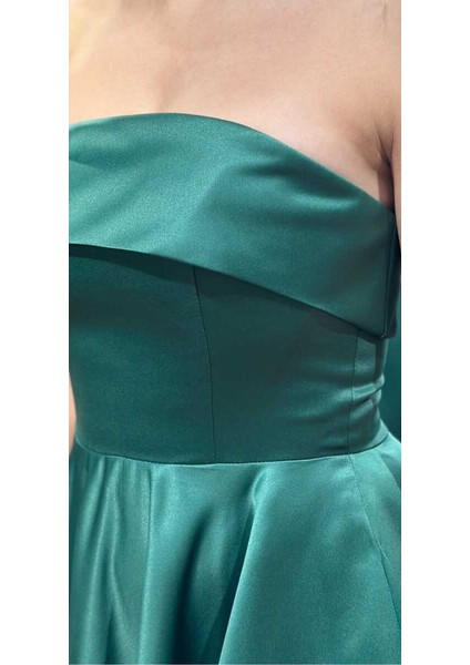 Yeşil Kloş Etekli Saten Midi Abiye Elbise 7647 fırsatları