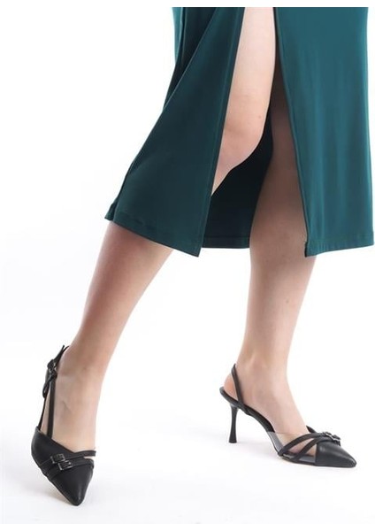Kadın Siyah Cilt 9 cm Ince Topuklu Sivri Burunlu Yanları Acık Stiletto
