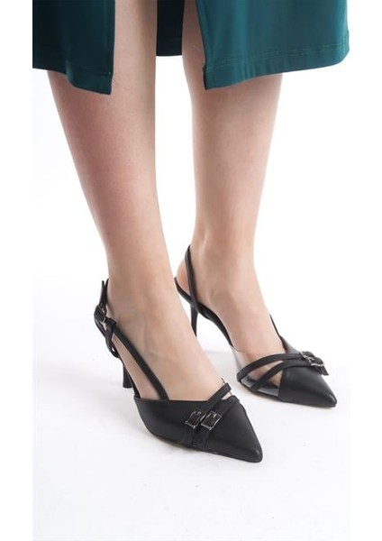 Kadın Siyah Cilt 9 cm Ince Topuklu Sivri Burunlu Yanları Acık Stiletto fiyatları