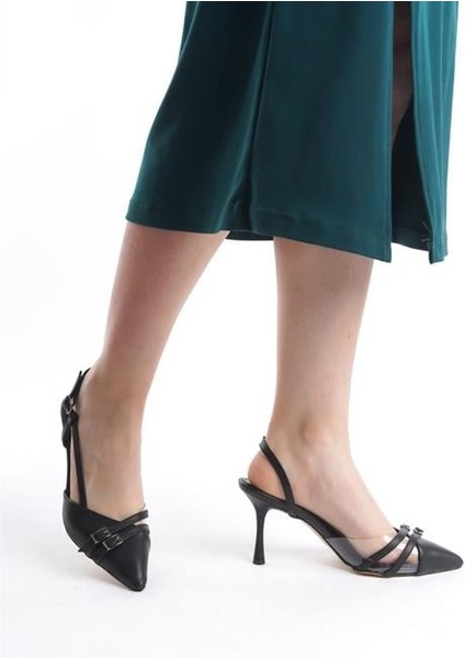 Kadın Siyah Cilt 9 cm Ince Topuklu Sivri Burunlu Yanları Acık Stiletto modelleri
